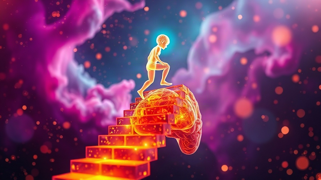 Learn in Layers Translucent figure climbing glowing layered steps, showing how to learn in layers instead of all at once
