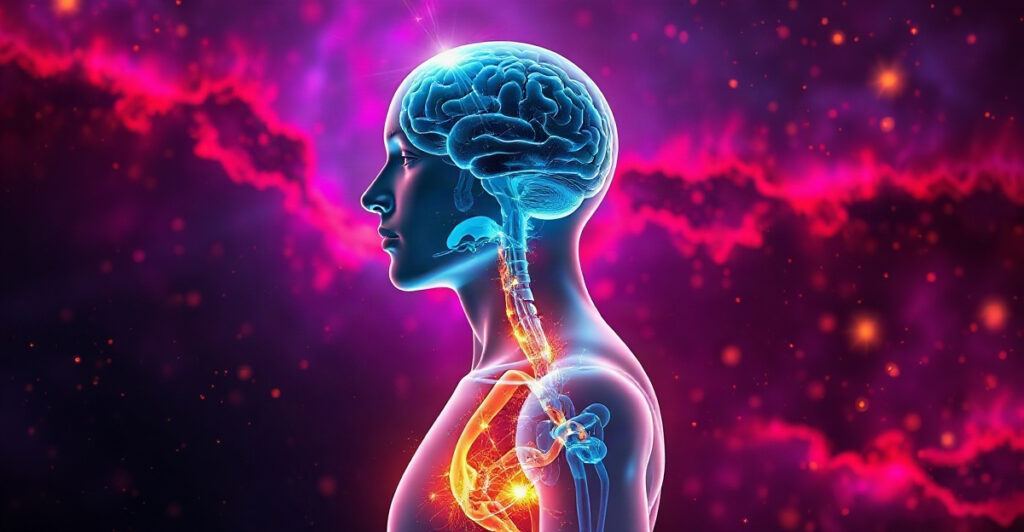 3D render of a glowing brain sending golden light through the body, showing how mindset and exercise results are linked through the placebo effect