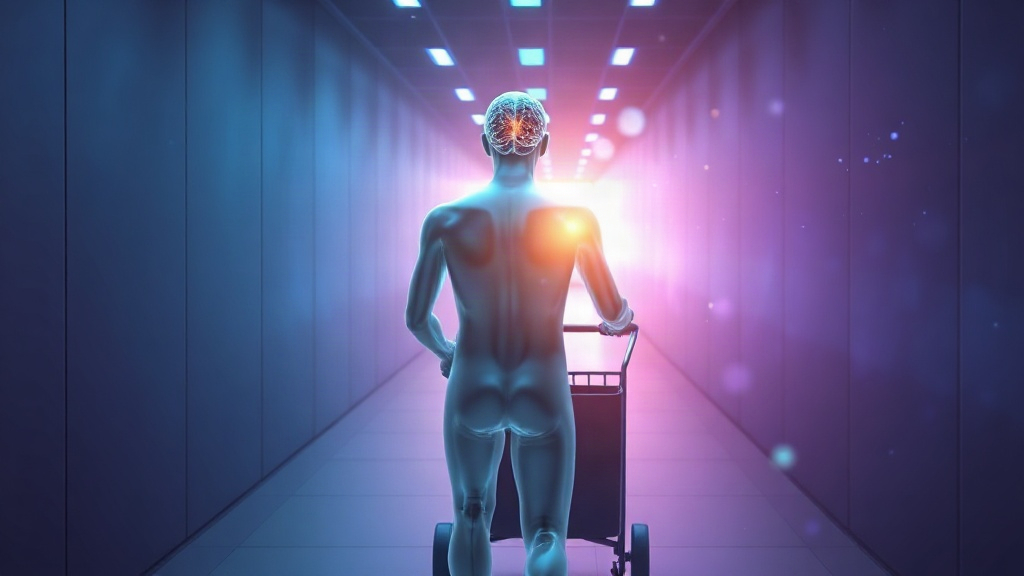 Translucent figure pushing a cart down a hallway with a glowing brain, representing mindset and exercise results in the hotel housekeeper study