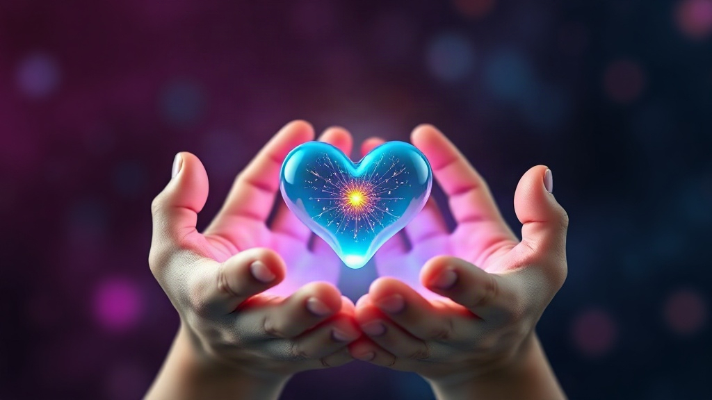 Hands holding a glowing heart of light, representing a daily mindset and exercise results practice that uses belief honestly