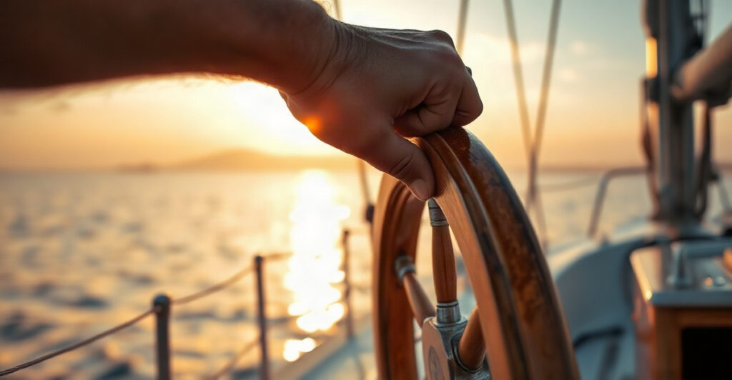 Hand holding a ship's wheel toward a calm horizon, symbolizing a healthy need for control