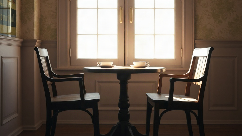 Two chairs and tea at a sunlit table, a calm setting for healthy influence and conversation