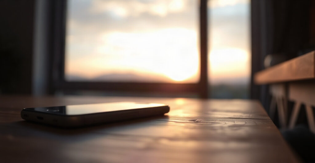 Phone face down beside a window with a sunset, choosing real highs over false highs