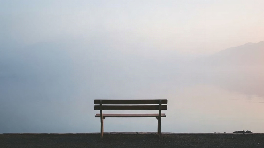 Wooden bench facing a misty mountain lake, a quiet place to build your Awe Menu