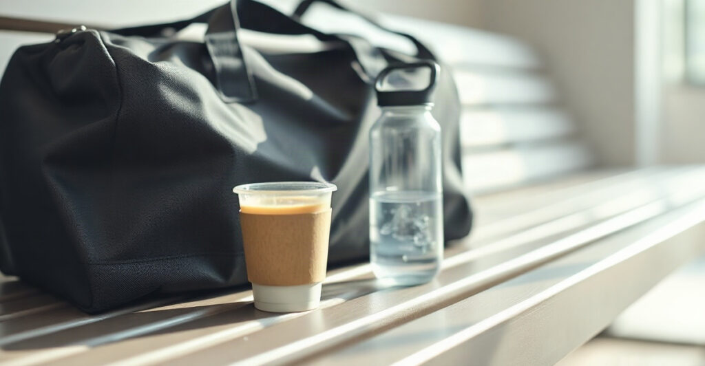 Coffee cup and water bottle by a gym bag, representing stacked stimulants and dopamine crashes