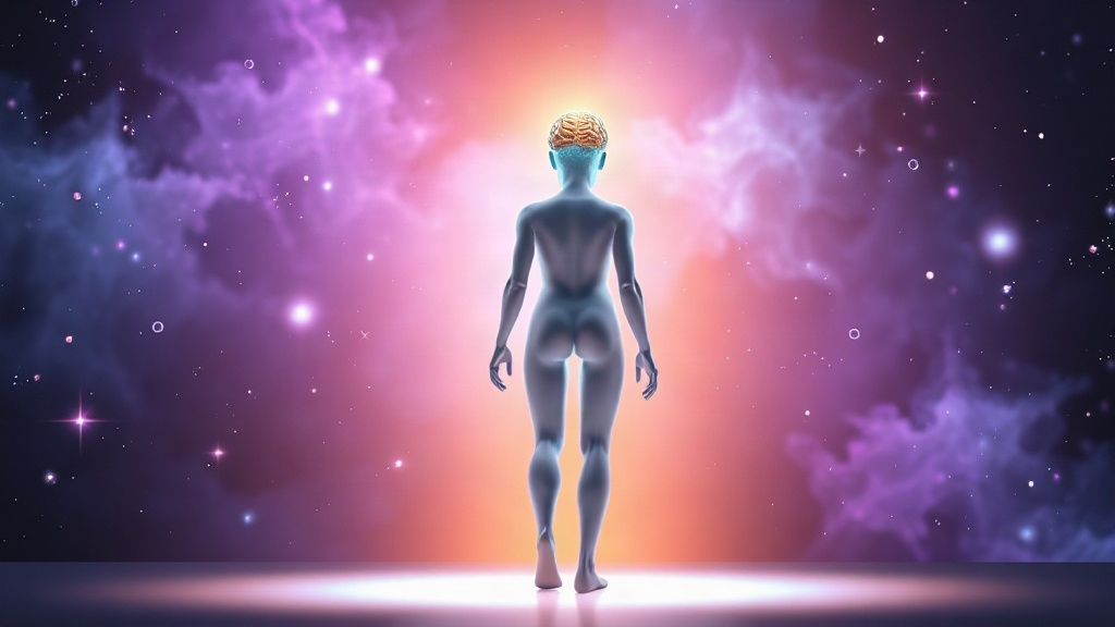 Facing Anxiety Before a Big Decision Translucent figure stepping onto a glowing stage with a glowing brain, representing facing anxiety before a big decision