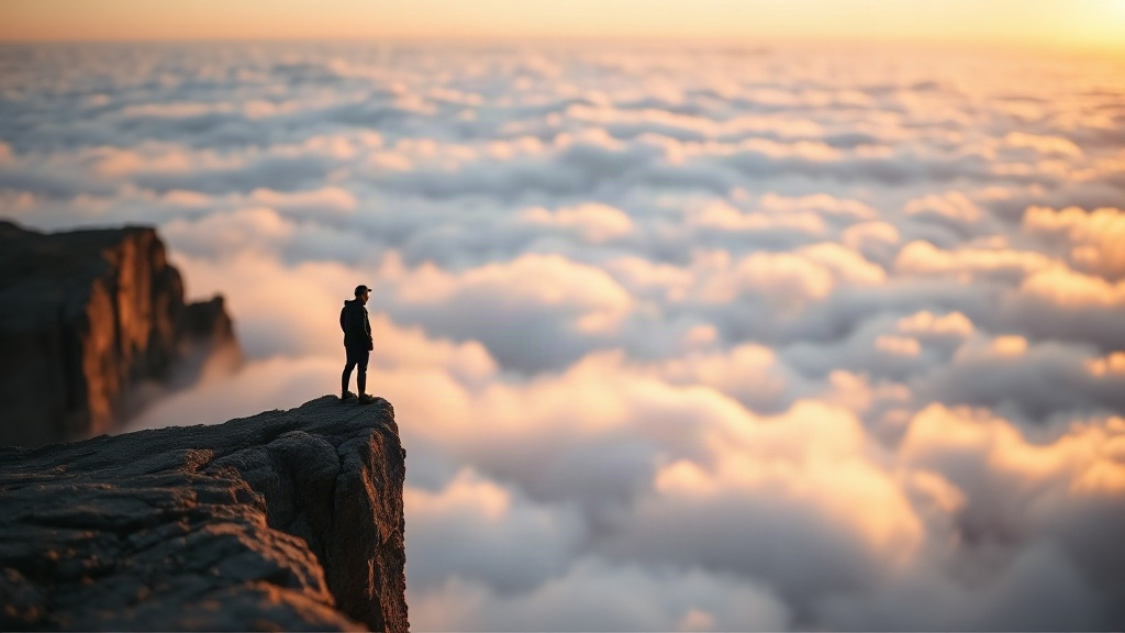Small figure on a cliff above a sea of clouds, showing awe and the small self