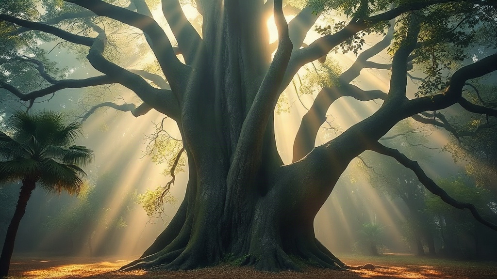 Ancient giant tree in misty forest light, a place to find awe and a peak experience