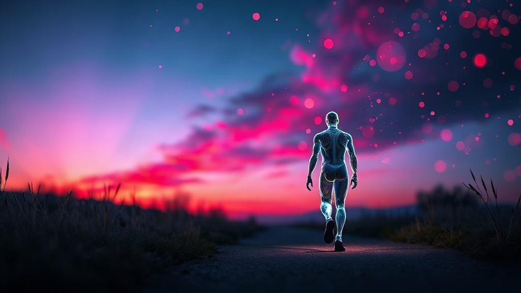 A Quiet Walk With No Headphones Translucent figure walking alone on a quiet path at dusk, showing a phone-free quiet walk to hear yourself think