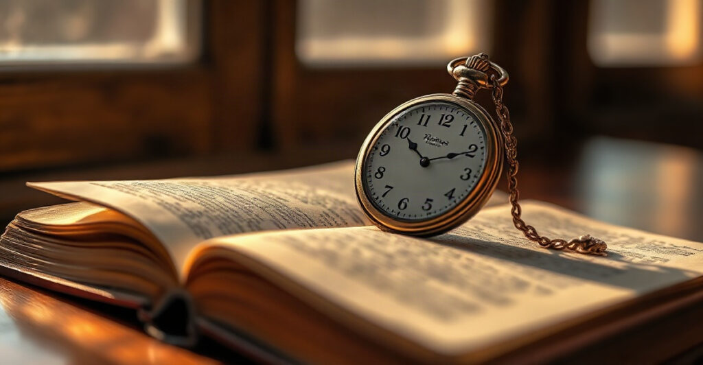 Antique watch on an open book in golden light, showing how your brain bends time perception