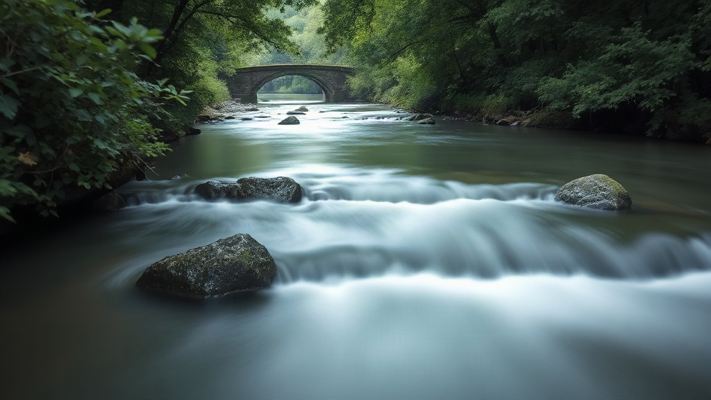Silky river flowing through a forest, a calm image of how your brain bends time