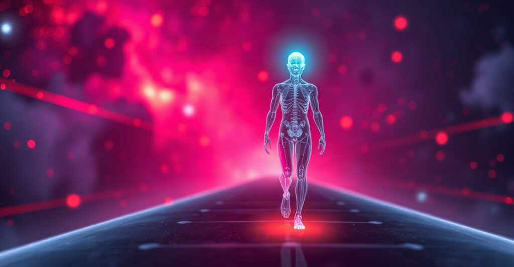 Translucent figure walking forward with a faint shadow whispering behind, showing how to keep going with self-doubt