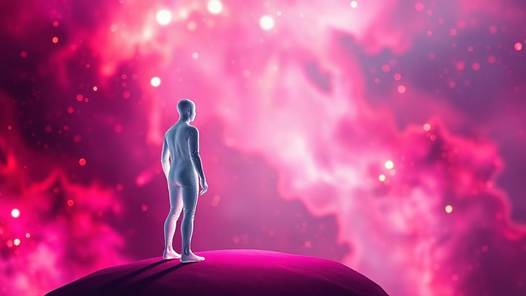 Translucent figure facing a glowing stronger silhouette ahead, showing a bigger picture of who you are becoming