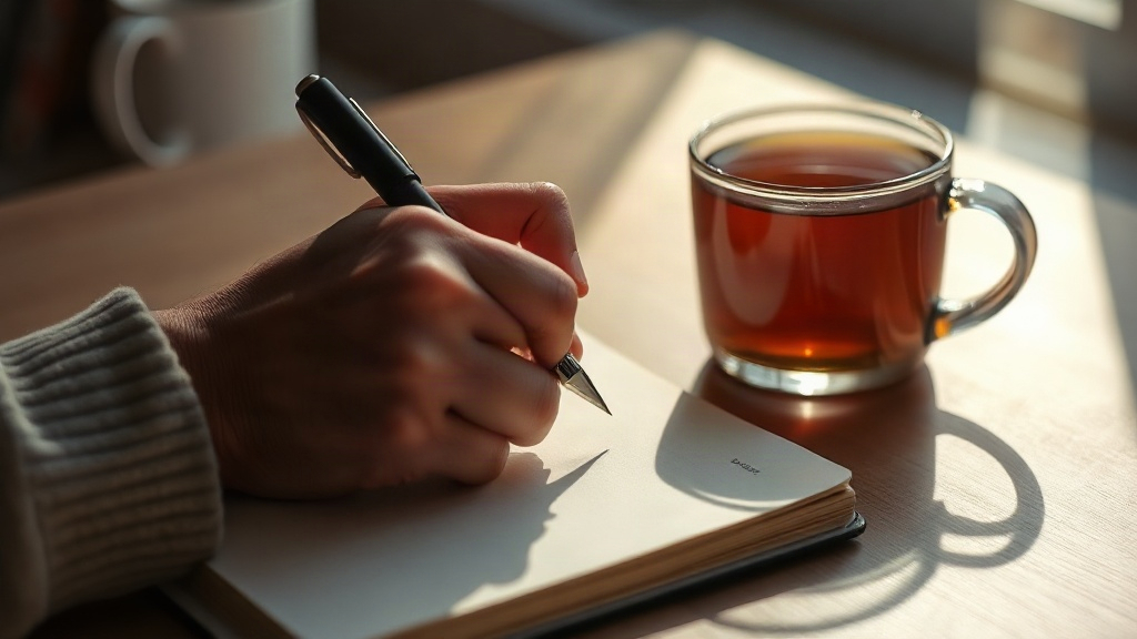 Hand writing in a notebook by a mug, journaling to appreciate a hard task