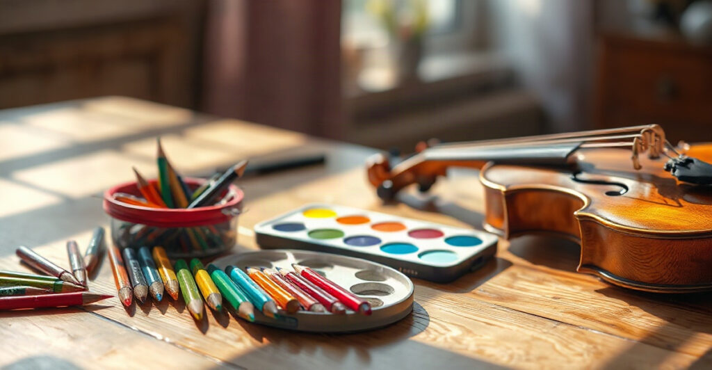 Pencils, paint palette, and violin on a table, symbolizing the types of intelligence
