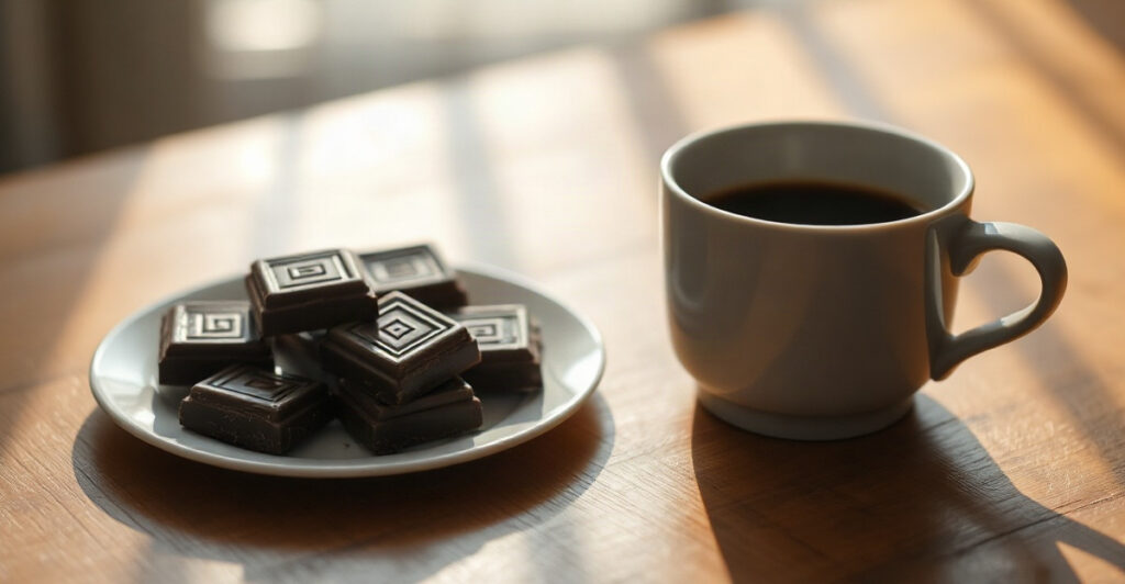 Chocolate and coffee on a wooden table, everyday things that raise dopamine