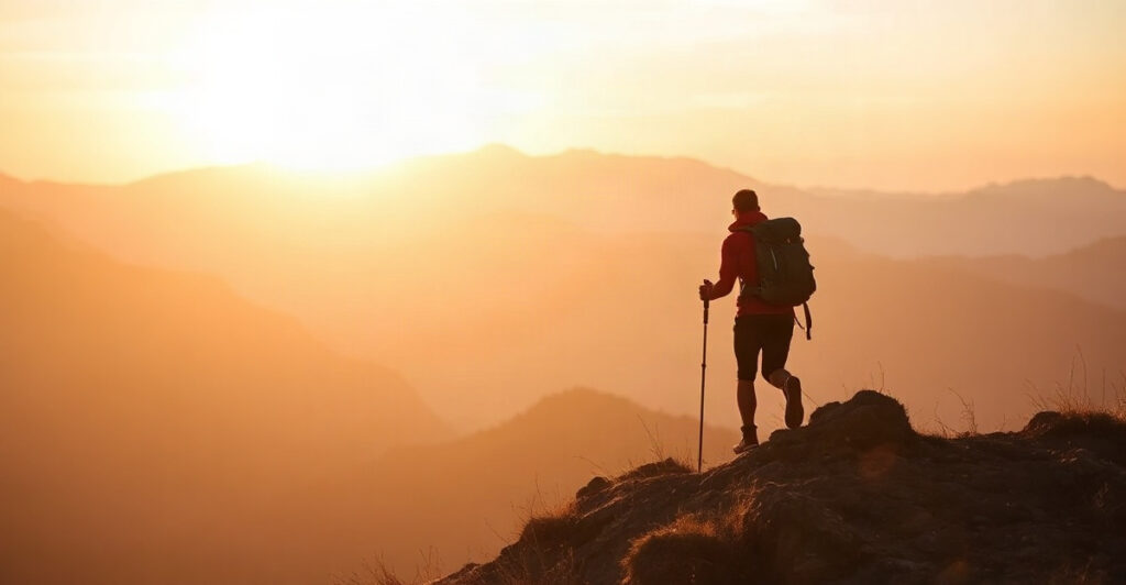 Hiker reaching toward a sunrise horizon, a symbol of what dopamine really is: motivation and drive