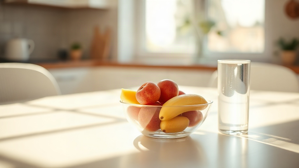 Fruit and water on a kitchen table, a simple image of craving and reward