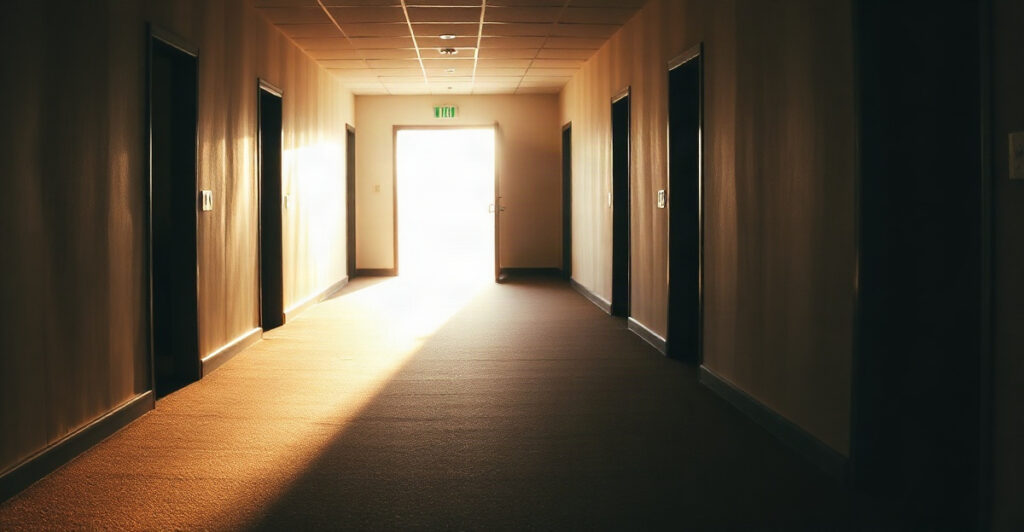 Office corridor with an open door to sunlight, showing how hating your job can guide you to purpose