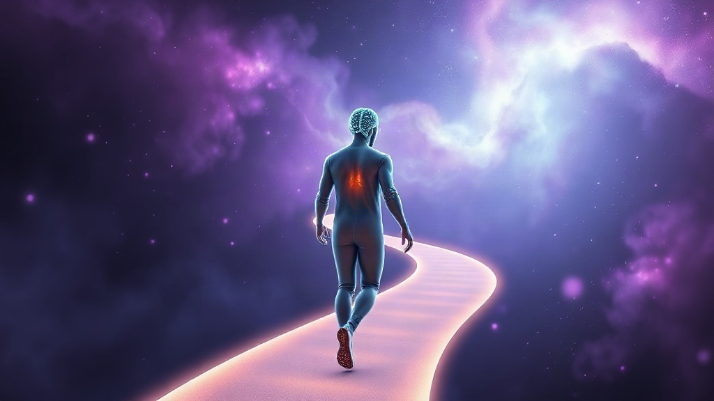 Choosing Where Your Attention Goes Translucent figure walking a winding path of light with a glowing brain, representing choosing where your attention goes