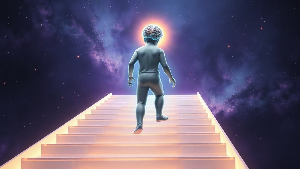 Learning Step by Step From Mentors Translucent figure climbing an uneven staircase of light with a glowing brain, representing learning step by step from mentors