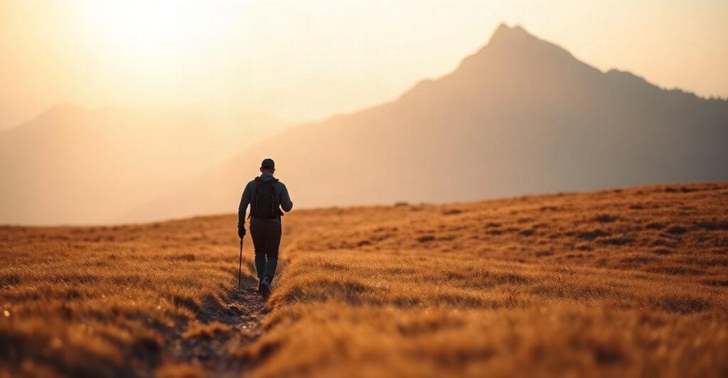 Hiker walking toward a mountain peak, the brain's drive that makes you always want more