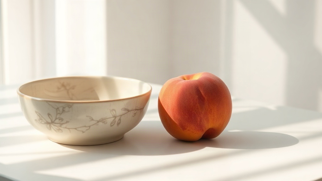 Ripe peach and a bowl on a sunlit table, savoring what you have to feel satisfied