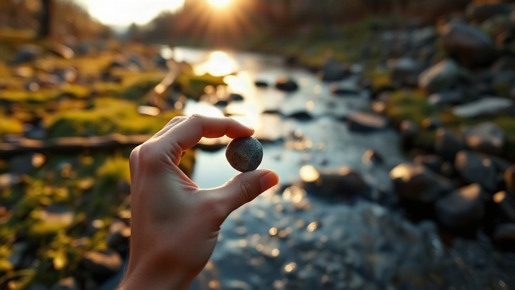 Hand holding a smooth stone by a stream, a calm moment of satisfaction