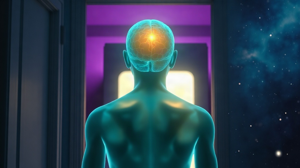The Pause Before a Quick Escape Translucent figure standing at a doorway with a glowing brain, representing the pause before reaching for a quick escape