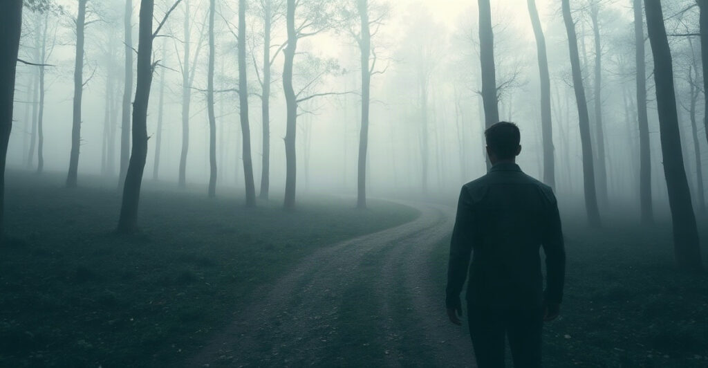 Person standing at a misty forest crossroads at dawn, feeling lost in life and looking for purpose