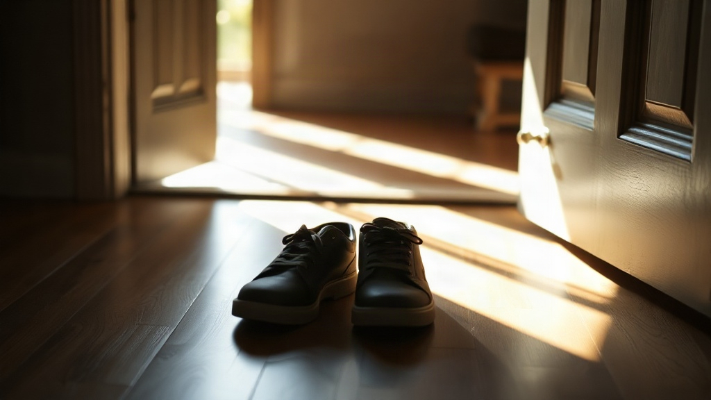 Shoes by a door with a ray of sunlight, a tiny first step to get your motivation back