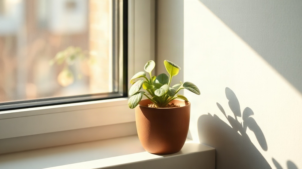 Small plant on a sunny windowsill, a symbol of slowly rebuilding drive and motivation