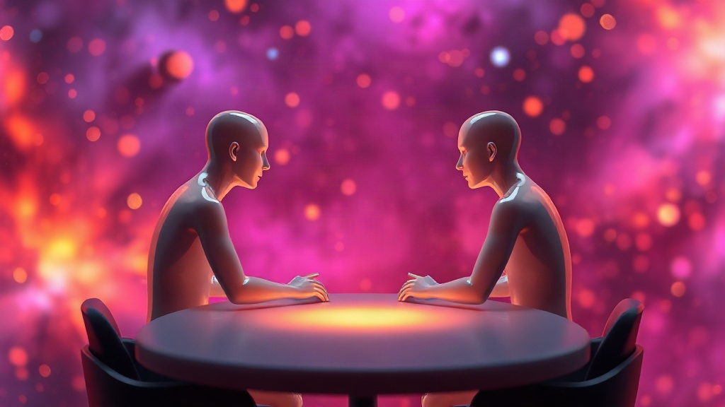 The Up-Front Talk Two translucent figures in calm conversation at a table of light, showing the up-front honest talk