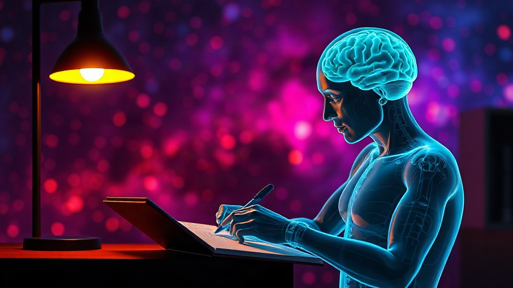 Translucent figure writing in a glowing notebook at night, showing the mirror test of writing down the truth